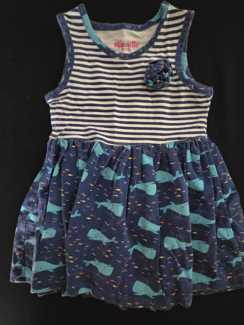 Nannette Navy & Teal Whale Stripe Sleeveless Dress Size 3T